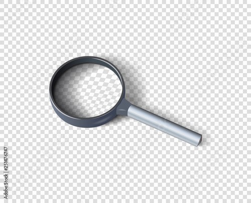 Realistic magnifying glass with shadow. The concept of search. Vector design element isolated on a transparent background.