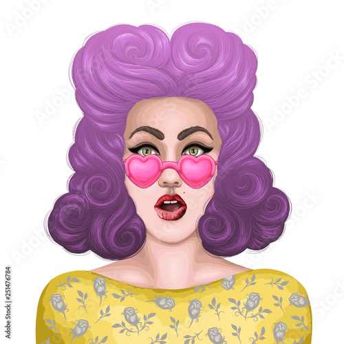Vector painted shocked pin up girl with open mouth in surprise. Fashion model in pink heart shaped glasses with colorful dyed wavy hair of a purple and  violet hue.  Isolated on white background