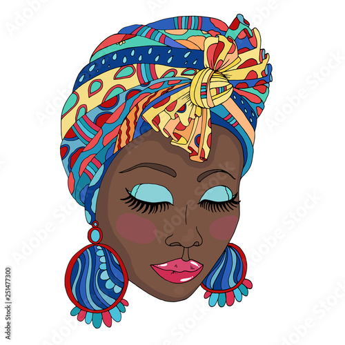 Vector Colorful portrait of a beautiful African American woman in a scarf drape with ornament and a knot on her head. Close-up face fashion model with closed eyes and large earrings. Isolated on whit