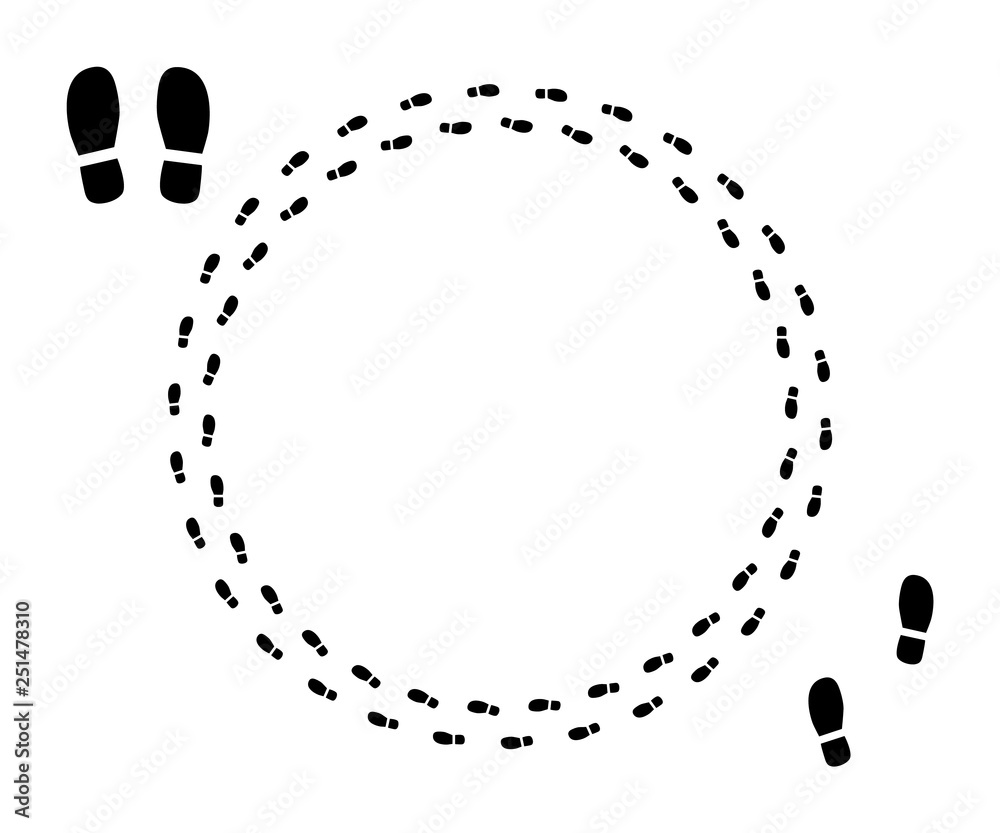 Human footprint from the sole of the Shoe. Silhouette of the path. Footprints of dirt in a circle. Vector design element isolated white background. Human footprint from the sole of the Shoe. Silhouette of the path. Footprints of dirt in a circle. Vector design element isolated white background.