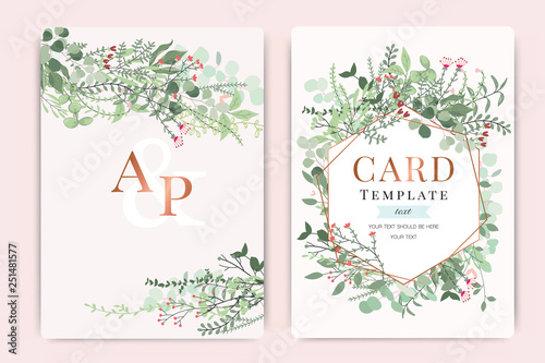 Wedding Invitation, floral invite thank you, rsvp modern card Design in leaf greenery  branches decorative Vector elegant rustic template