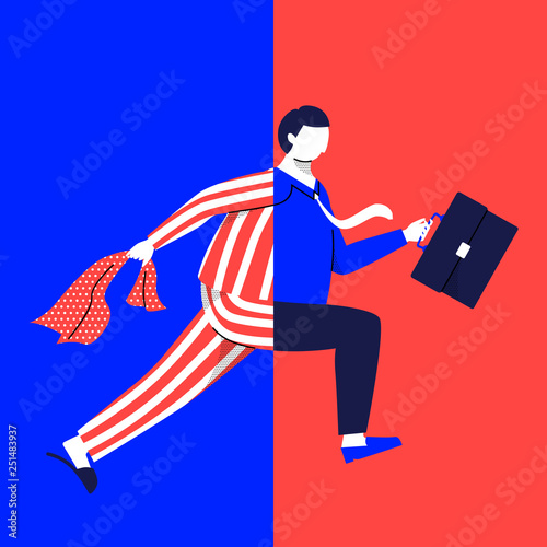Office life, man changing from pajama into suit in a hurry to go to work