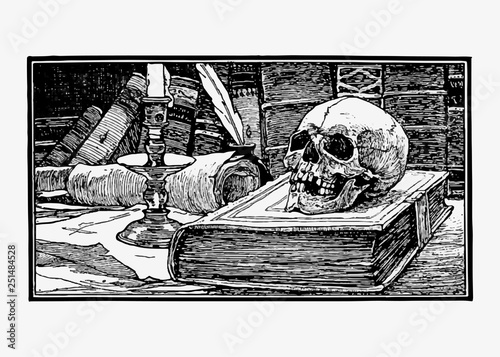 Skull and books in vintage style