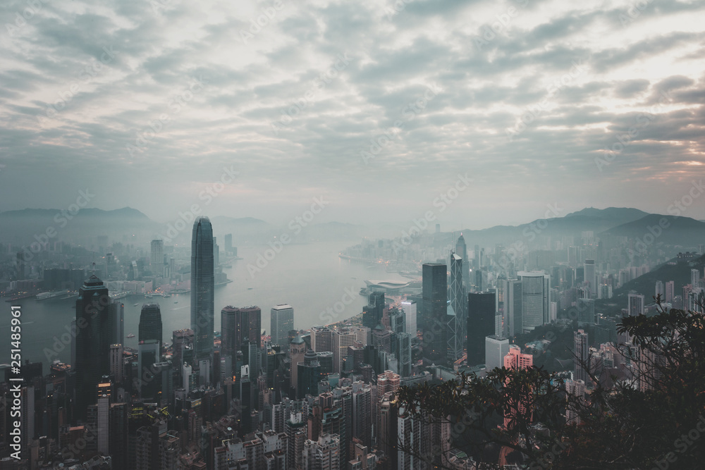 Misty morning view at Hong Kong City. view from Victoria Peak