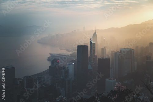 Photography Misty morning view at Hong Kong City. view from Victoria Peak