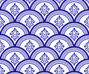 Acrylglasbilder Dunkelblaue Muster Blau Weißes Damast Ornamentmuster  © flworsmile