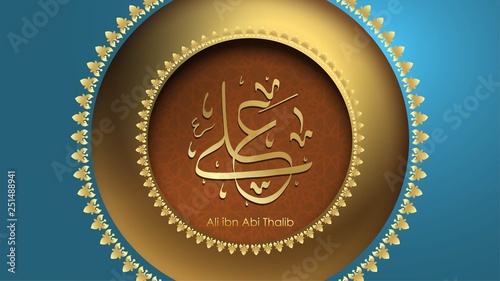 Arabic Hazrat Ali bin Abi Thalib greeting card template islamic vector design with paper cut style pattern arabic calligraphy and traditional ornament - Vector