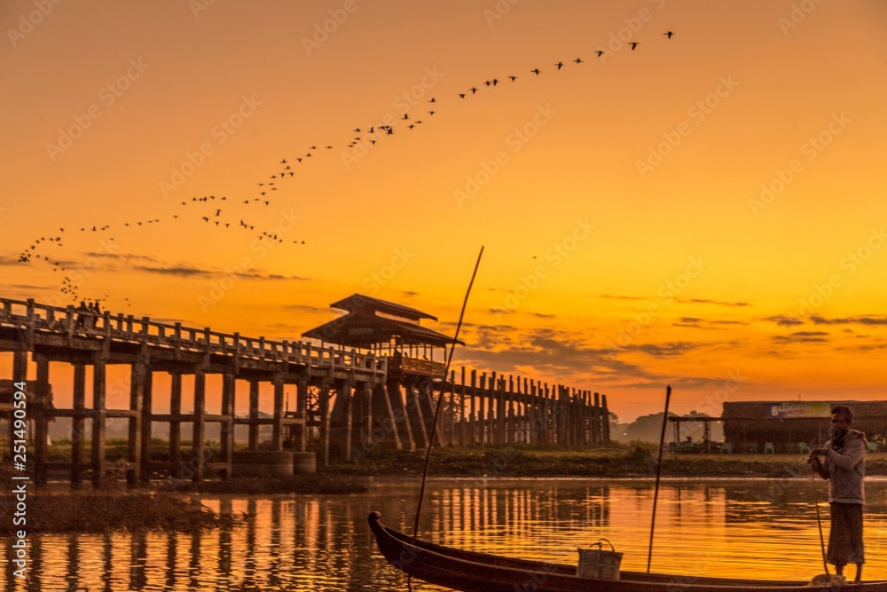 the sunrise in u beni bridge,myanmar