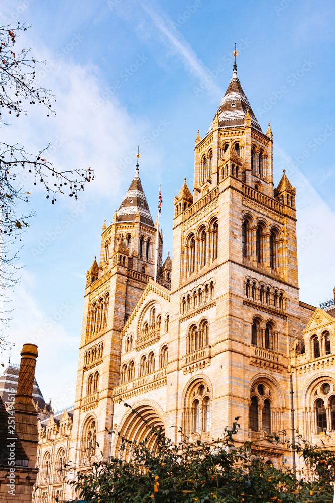 Side view of British Natural History Museum in London.