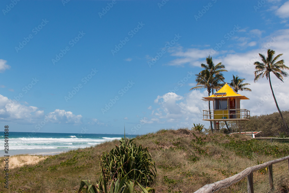 lifeguard tower on beach and palm trees Australia Gold Coast lifeguard tower on beach and palm trees Australia Gold Coast
