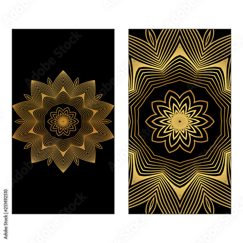 Design Template Invitations, Flyers For A Yoga Studio With Floral Mandala Pattern. Vector. Luxury black gold color