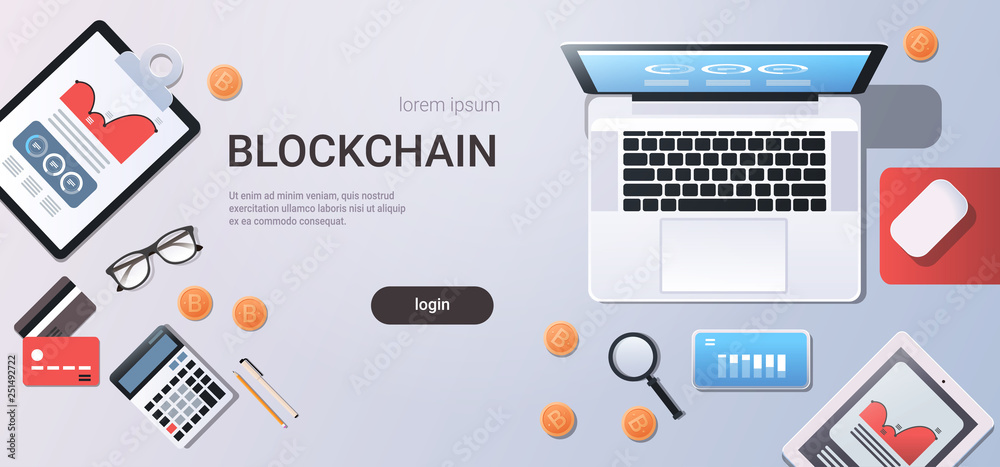 crypto currency block chain concept bitcoin mining workplace desk top angle view tablet laptop computer paper documents report finance graph flat copy space horizontal