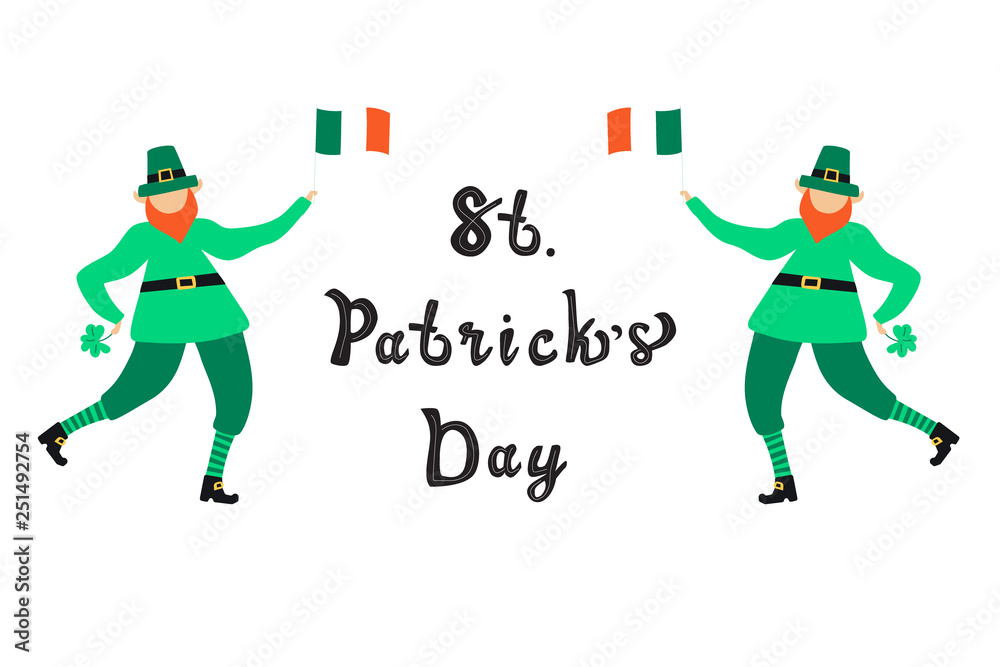 Vector banner Saint Patrick Day lettering with flat leprechauns