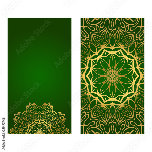 Invitation Or Card Template With Floral Mandala Pattern. Decorative Background For Wedding  Greeting Cards  Birthday Invitation. The Front And Rear Side. Green gold color
