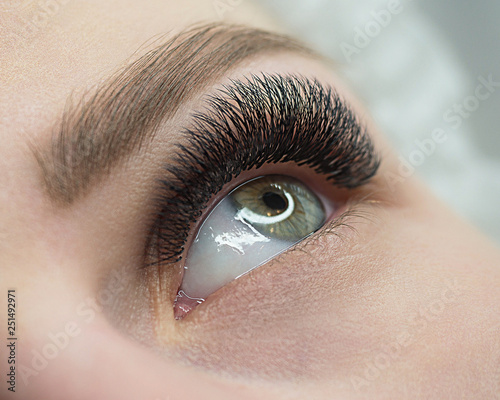 Beautiful macro shot of female open eye with eyelash extension. Natural look and bushy long lashes, close up, selective focus.