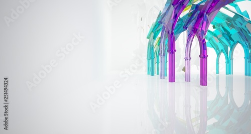 Abstract white and colored gradient glasses gothic interior. 3D illustration and rendering.