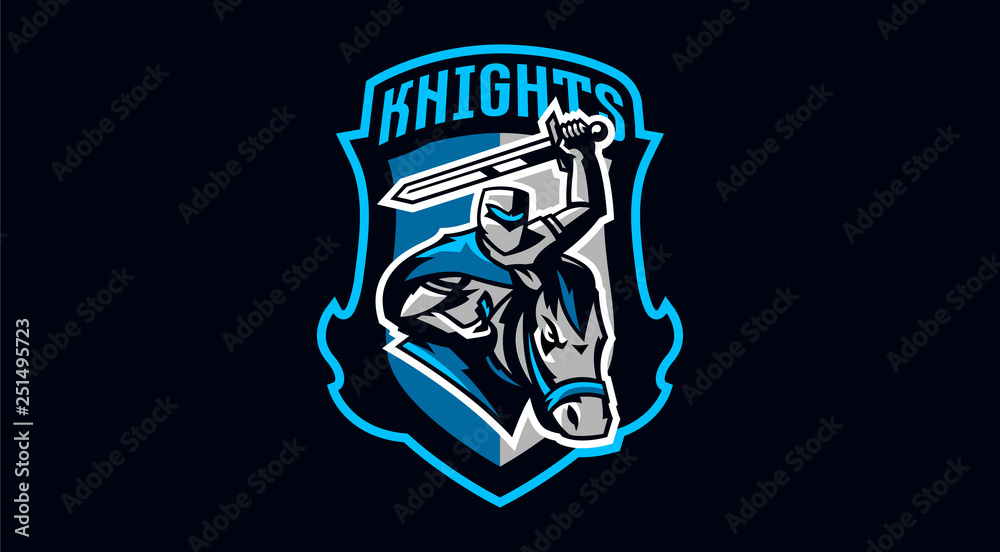 Knight emblem on horse. A warrior galloping on a horse, a knight in armor. Horseman, sword, shield, armor, stallion, hero, warrior. Vector illustration Knight emblem on horse. A warrior galloping on a horse, a knight in armor. Horseman, sword, shield, armor, stallion, hero, warrior. Vector illustration