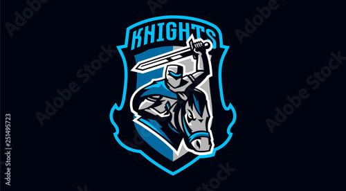 Knight emblem on horse. A warrior galloping on a horse, a knight in armor. Horseman, sword, shield, armor, stallion, hero, warrior. Vector illustration