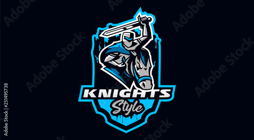 Knight emblem on horse. A warrior galloping on a horse, a knight in armor. Horseman, sword, shield, armor, stallion, hero, warrior. Vector illustration