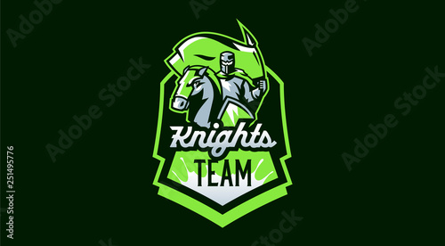Knight emblem with a flag, horse rider. Knight prancing a horse holding a flag. Armor, sword, stallion, swordsman, paladin, warrior. Vector illustration