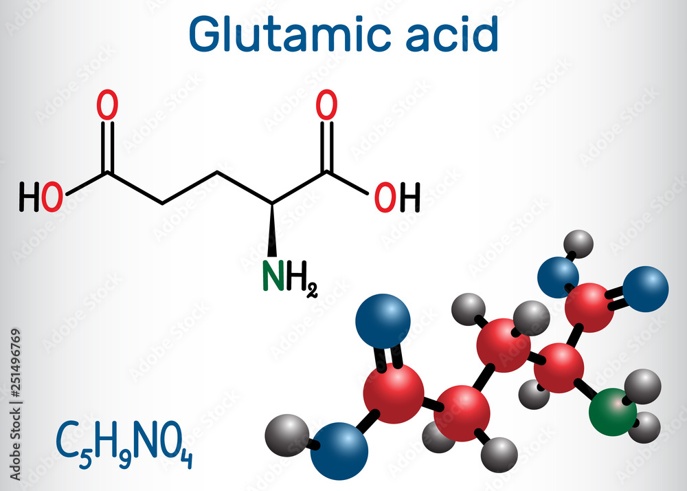 Glutamic acid (L- glutamic acid, Glu, E) aliphatic amino acid molecule. Structural chemical ...