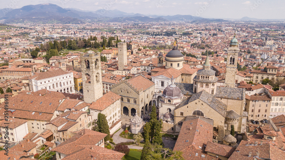 Bergamo, Italy. Drone aerial view of the old town. Landscape at the city center, its historical buildings, churches and towers