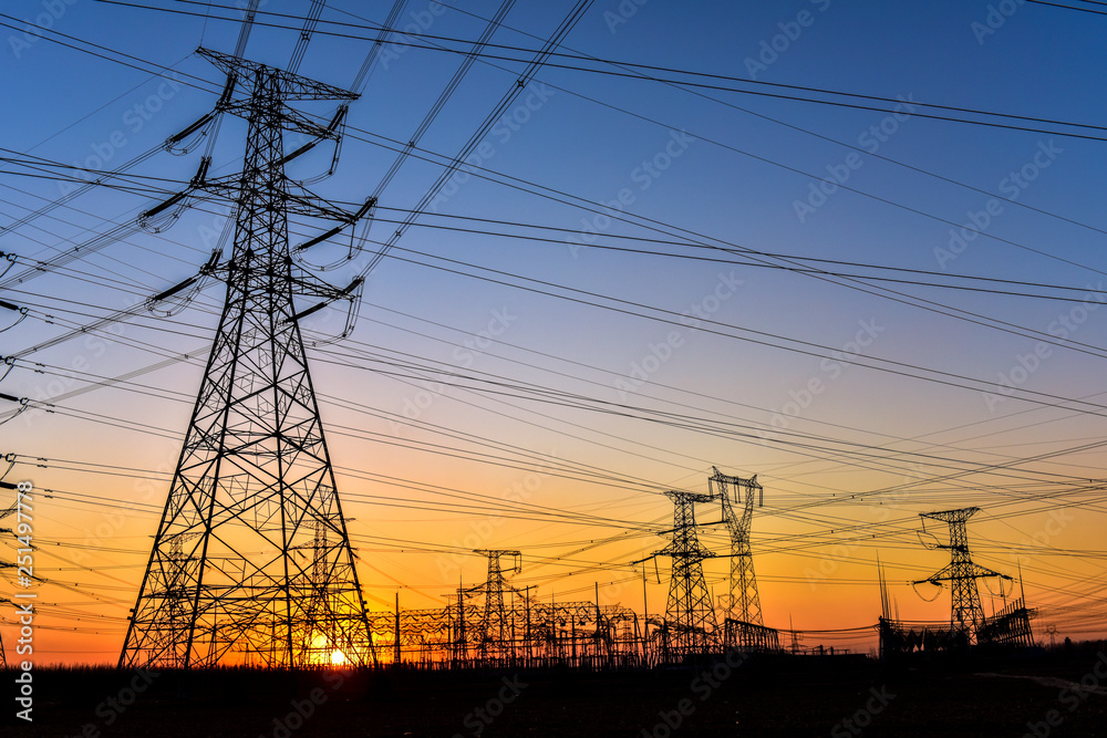 In the evening, the outline of the transmission tower