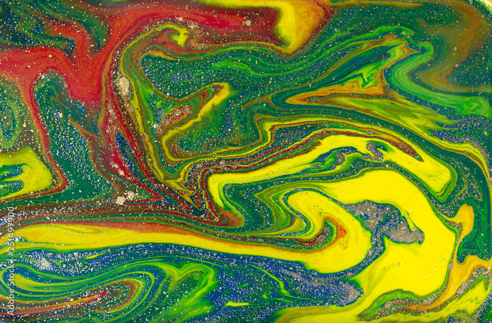 Multicolored gold marbling pattern. Golden marble liquid texture.