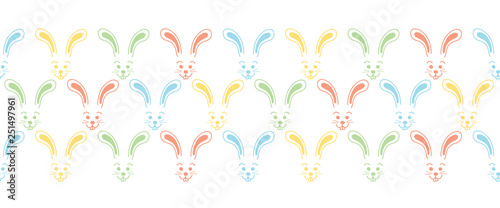 Easter bunny faces seamless vector border. Cute colorful bunny pattern. Simple rabbit illustration repeating tile. Use for Easter cards, spring, summer, kids fabric, decor, gift wrap, decoration.