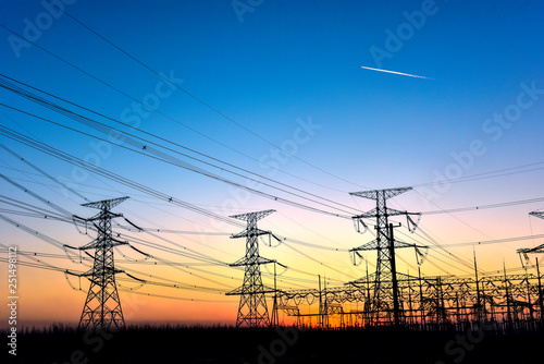 In the evening, the outline of the transmission tower