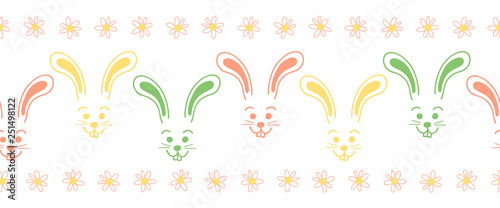 Easter bunny faces seamless vector border. Cute colorful bunny pattern. Simple rabbit illustration repeating tile. Use for Easter cards, spring, summer, kids fabric, decor, gift wrap, decoration.