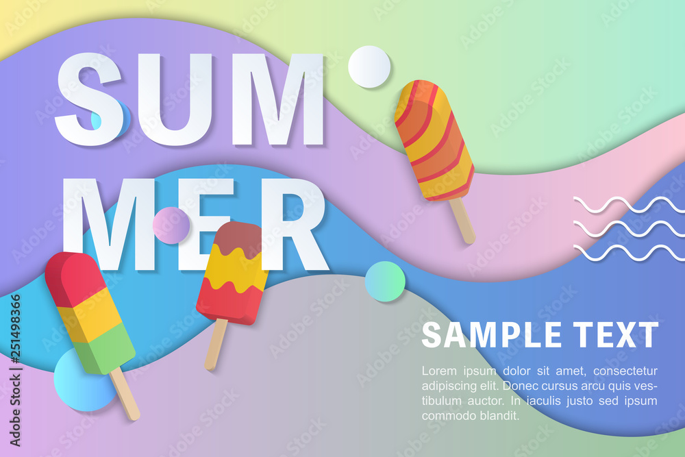 Summer sale banner template 3D pastel gradient colorful popsicle ice cream curve wave line Summer sale banner template 3D pastel gradient colorful popsicle ice cream curve wave line