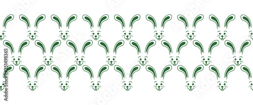 Bunny faces seamless vector border. Cute bunny pattern green. Simple rabbit illustration repeating tile. Use for Easter cards, spring, summer, kids fabric, decor, gift wrap, decoration.