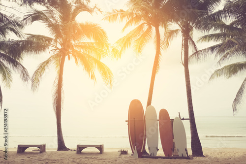 Fototapeta Naklejka Na Ścianę i Meble -  Surfboard and palm tree on beach background.