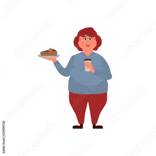 Fat woman eating a piece of cake and is drinking coffee. Funny Cartoon Character. Vector illustration of bad habits and people eating  junk food.