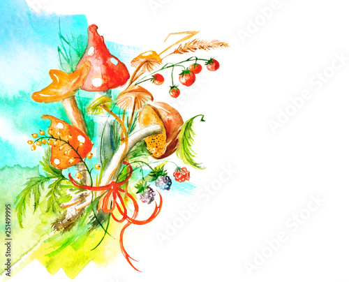 Watercolor Bunch of mushrooms  berries  plants  herbs  over white background. Figure executed in watercolor. Russula  chanterelle  mushrooms.Autumn  summer bouquet. Wild flower  plant  spikelet berrie