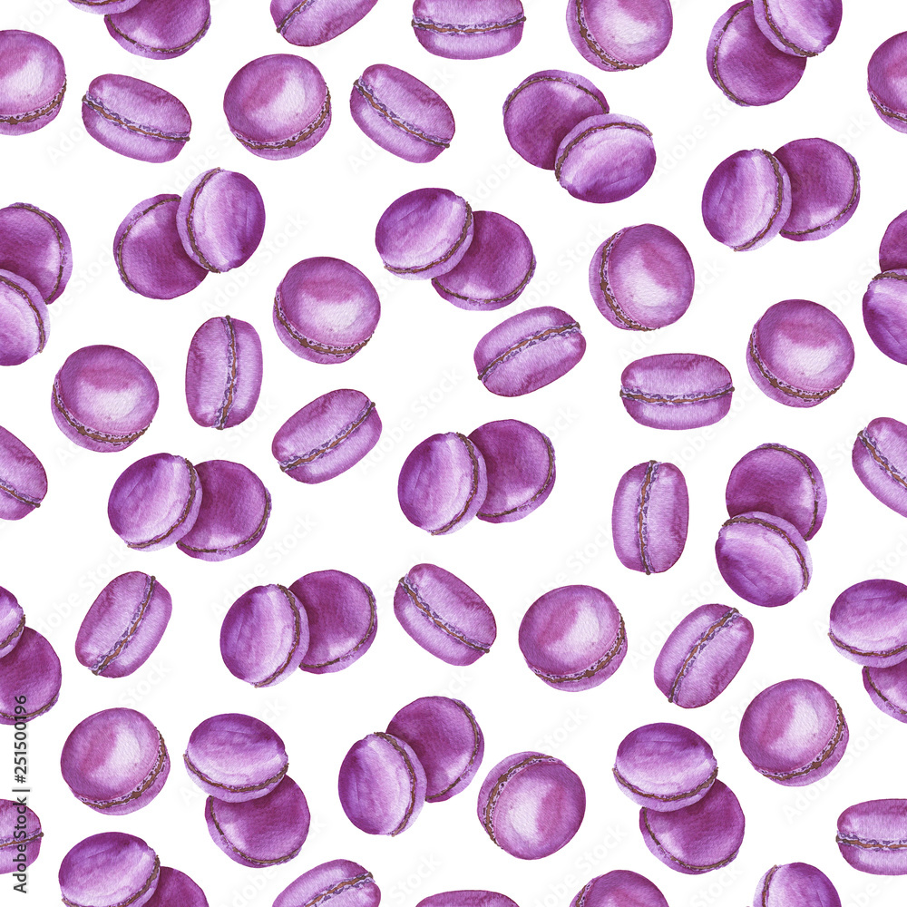 Seamless pattern with pastel lilac macarons on white background. Hand drawn watercolor illustration. Seamless pattern with pastel lilac macarons on white background. Hand drawn watercolor illustration.
