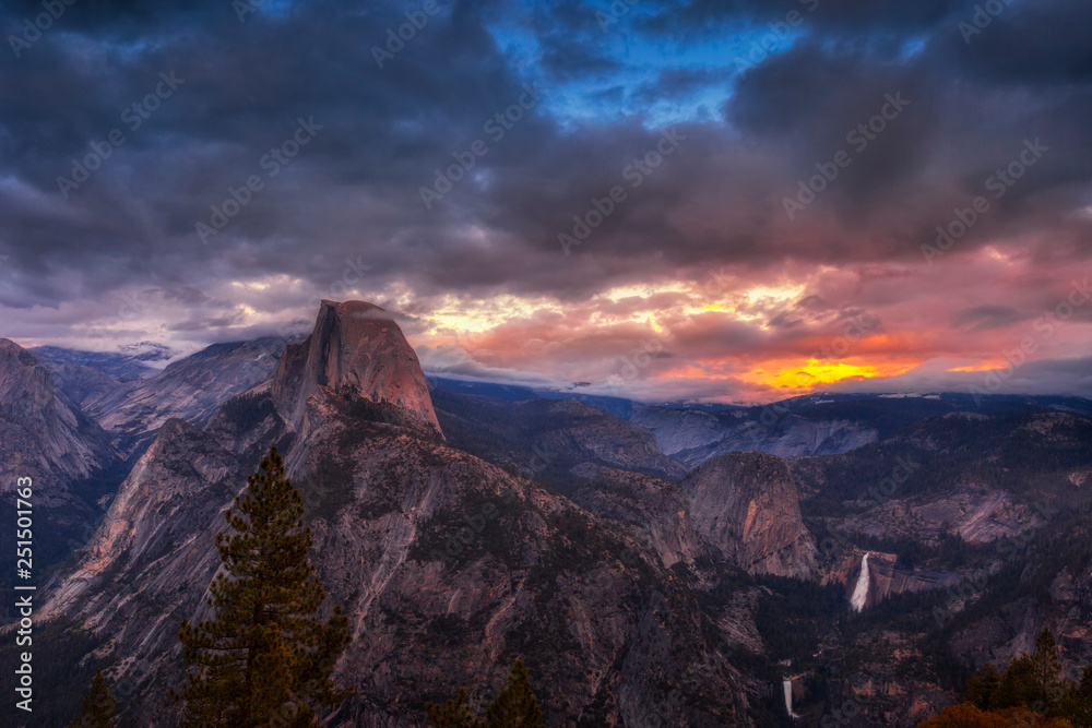 Half Dome seen at sunset seen from the Galcier Point Overlook in Yosemite National Park