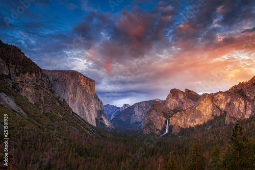 Dramatic skies at dusk over Tunnel View in Yosemite National Park