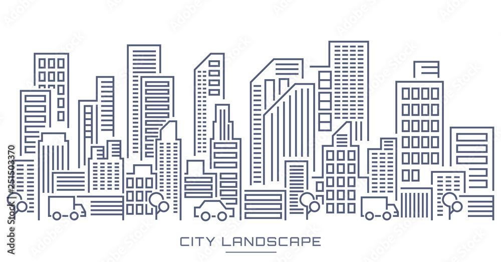 Line art Vector Illustration of Modern City Background with Skyscrapers