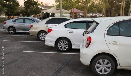Closeup of back or rear side of white car and other cars parking in parking area with natural background in twilight evening.  © Amphon