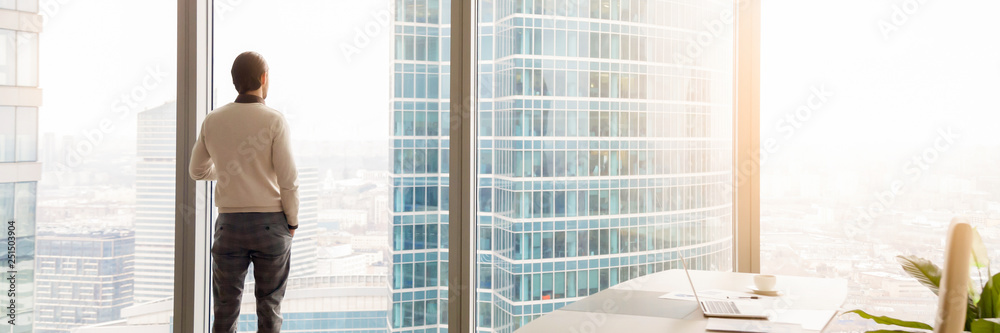 Horizontal image rear view businessman standing looking through panoramic window  - obrazy, fototapety, plakaty 