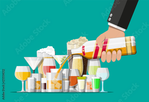 Alcohol drinks collection in glasses. Vodka champagne wine whiskey beer brandy tequila cognac liquor vermouth gin rum absinthe sambuca cider bourbon. Vector illustration in flat style.