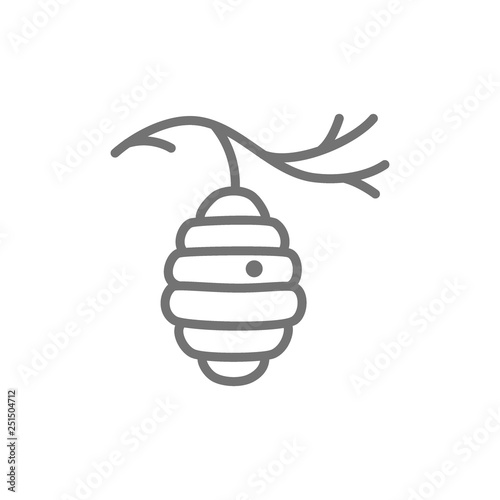 Wild bee hive on tree, beehive line icon.