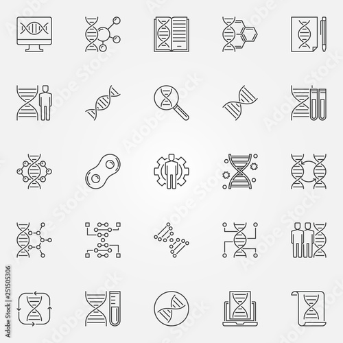 Genetics outline icons set. Vector Genetic Engineering and DNA concept symbols in thin line style