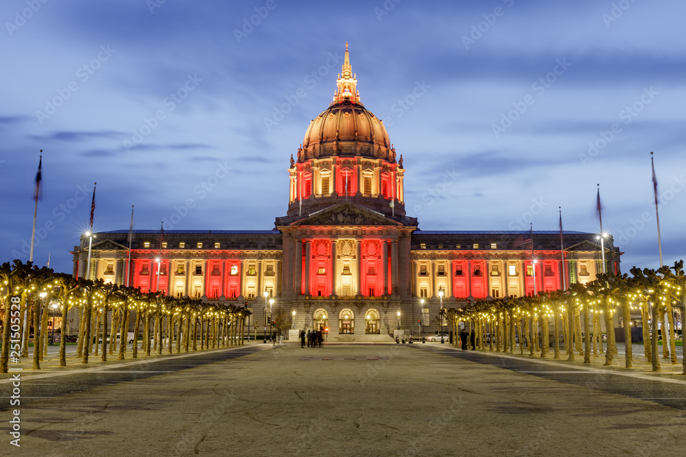 San Francisco City Hall illuminated in Gold and Red for the Chinese New Year.