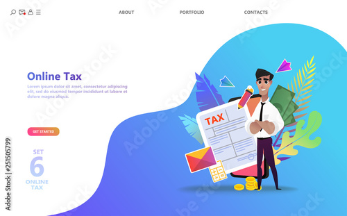 Online tax payment. People filling tax form. Flat isometric concept of online bill payment, shopping, banking, accounting Can use for template, landing page, ui, web, mobile app, poster, banner, flyer