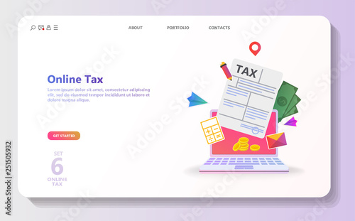 Online tax payment. People filling tax form. Flat isometric concept of online bill payment, shopping, banking, accounting Can use for template, landing page, ui, web, mobile app, poster, banner, flyer