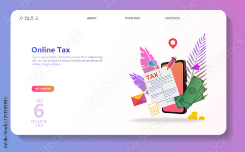 Online tax payment. People filling tax form. Flat isometric concept of online bill payment, shopping, banking, accounting Can use for template, landing page, ui, web, mobile app, poster, banner, flyer