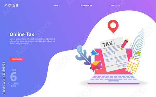 Online tax payment. People filling tax form. Flat isometric concept of online bill payment, shopping, banking, accounting Can use for template, landing page, ui, web, mobile app, poster, banner, flyer